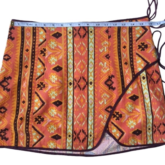 Free People Cleo Wrap Mini Skirt Rust Combo Ties Western Boho Orange Size 6 - Picture 4 of 8